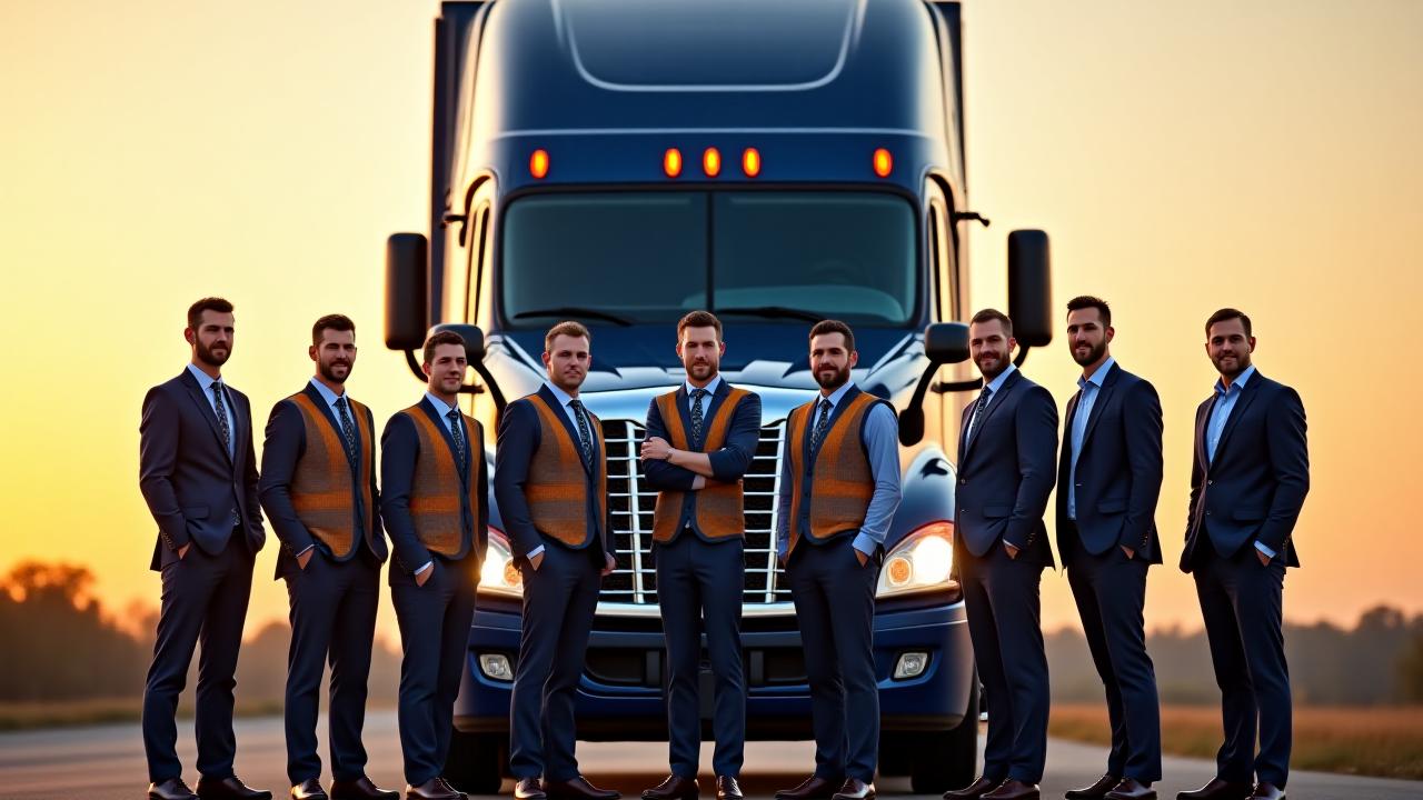 RoadRoyalty professional logistics team and drivers standing before a modern freight truck in Raymond MS
