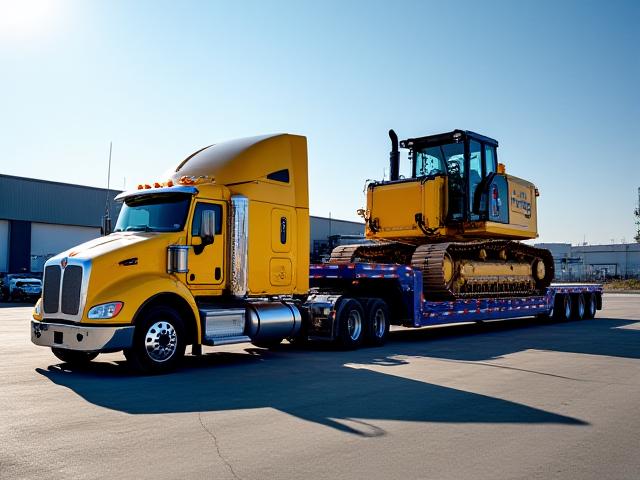 RGN trailer transporting heavy machinery