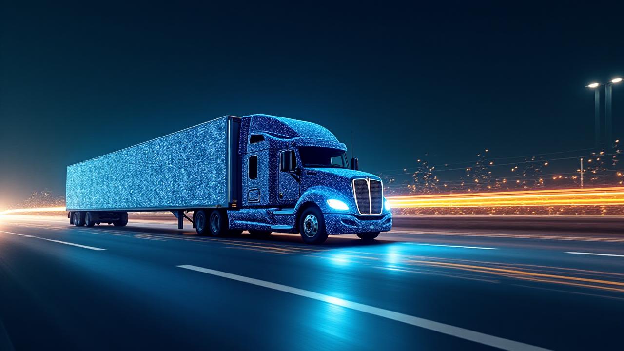 Digital data overlay on a modern semi-truck moving at night